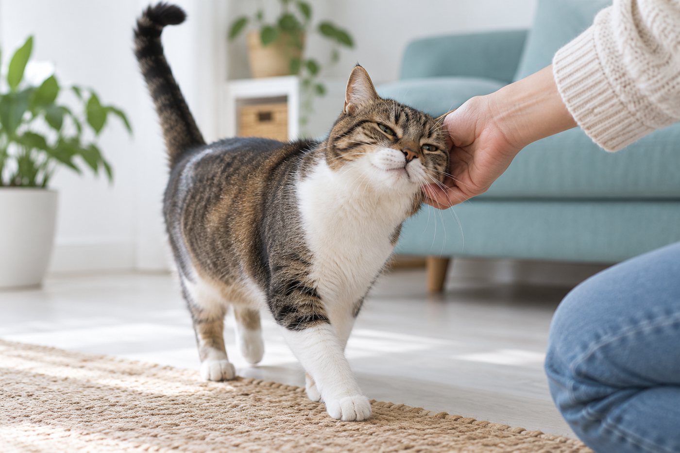 Gato con la cola erguida que frota la mejilla contra la mano de una persona