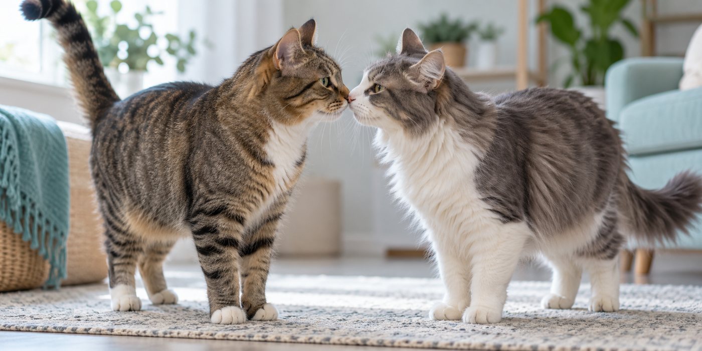 Dos gatos se saludan tocándose suavemente la nariz